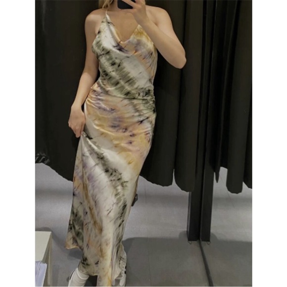 Zara Tie Dye Satin Effect Halter Midi Dress NWT - Picture 5 of 15